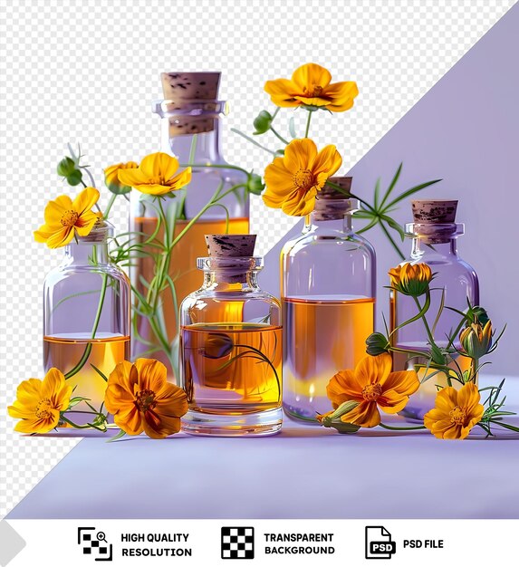 aceite esencial impresionante en botellas de vidrio con flores amarillas en un fondo aislado