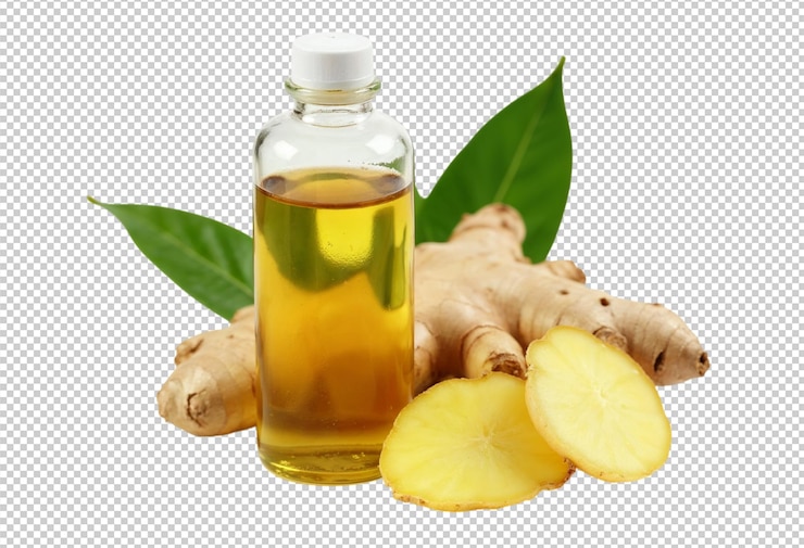 PSD aceite esencial de jengibre con raíz y hojas de jengebre frescas png