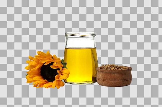 Aceite de girasol en frasco y cuenco con semillas aisladas sobre fondo blanco