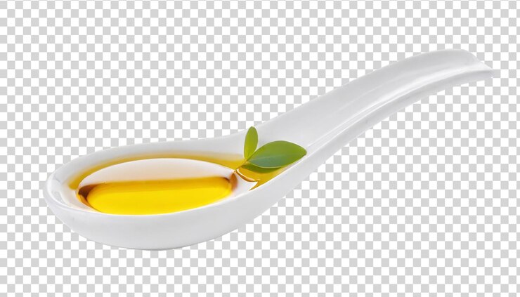PSD aceite de oliva en una cuchara aislado sobre un fondo transparente