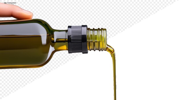 El aceite de oliva se vierte de una botella aislada sobre un fondo transparente