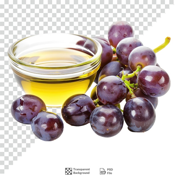 Aceite de semilla de uva en un cuenco de vidrio de fondo transparente
