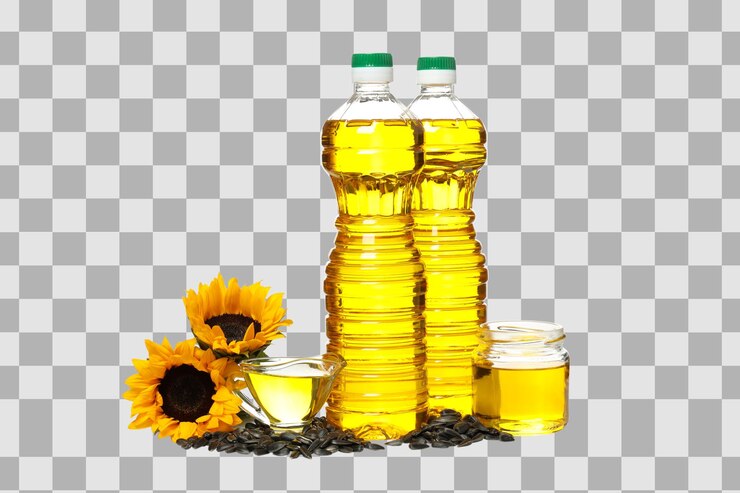 PSD aceite de semillas de girasol de papua nueva guinea en botellas de plástico y frascos de vidrio aislados sobre un fondo blanco