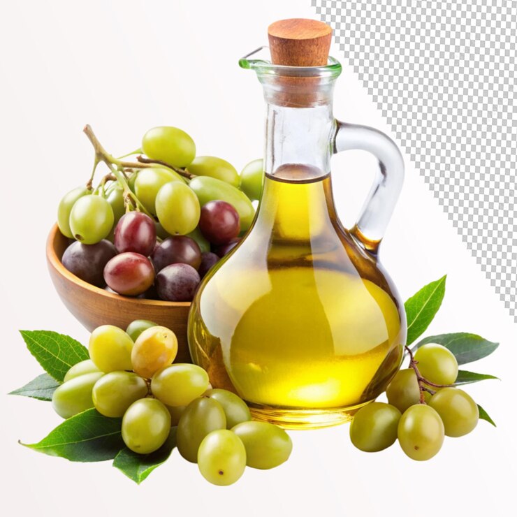 PSD con aceite de uvas sobre un fondo transparente