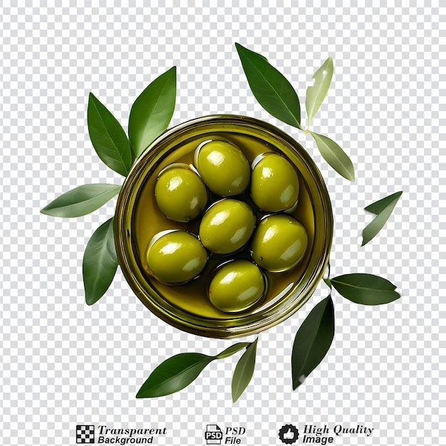 PSD aceitunas verdes en un aceite de oliva con hojas vista de arriba aisladas sobre un fondo transparente