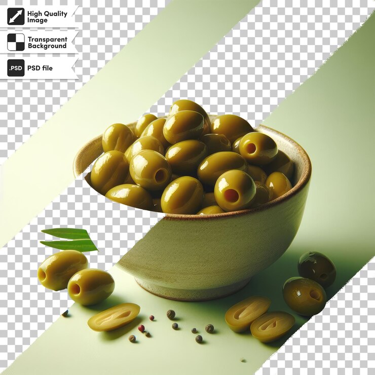 PSD aceitunas verdes psd en un cuenco sobre un fondo transparente