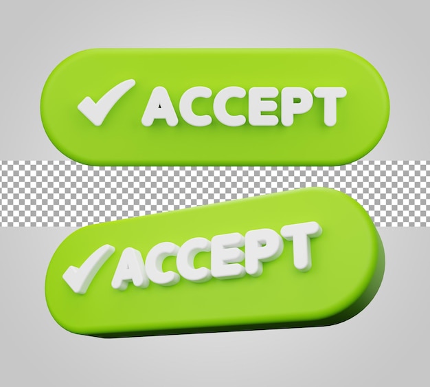Aceptar aprobar botón verde aislado sobre fondo transparente 3D Render
