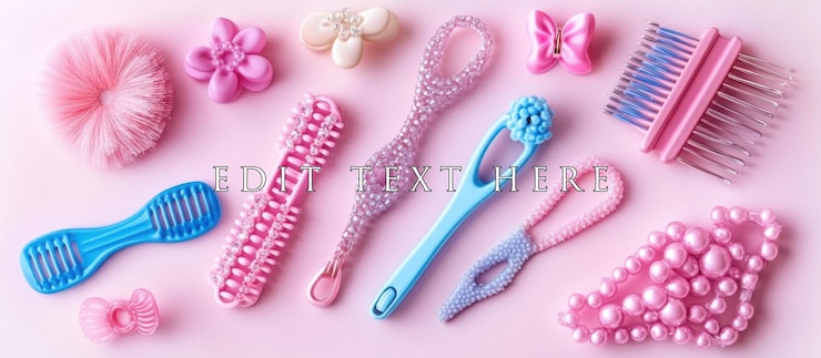 PSD acessórios de cabelo rosa e azul e ferramentas de beleza colocados em plano