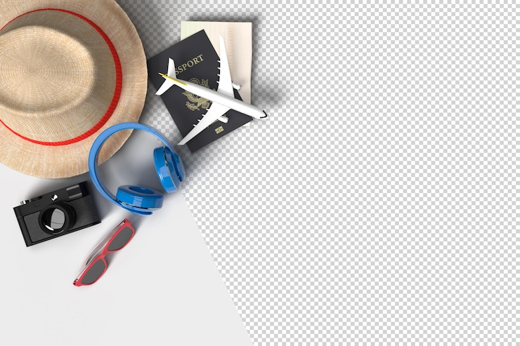 PSD acessórios para aviões e viajantes, itens essenciais para as férias. viagem de férias de aventura e viagens. modelo de maquete de banner de projeto de conceito itinerante. renderização 3d