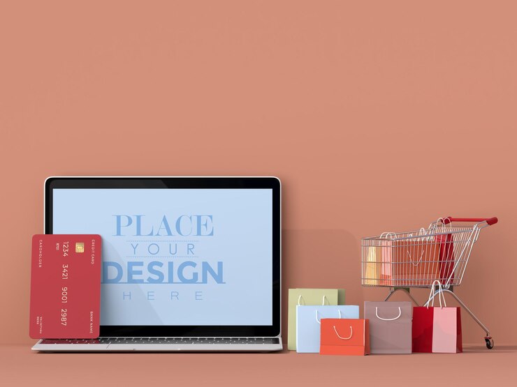 PSD achats en ligne avec modèle de maquette d'ordinateur portable et éléments d'achat