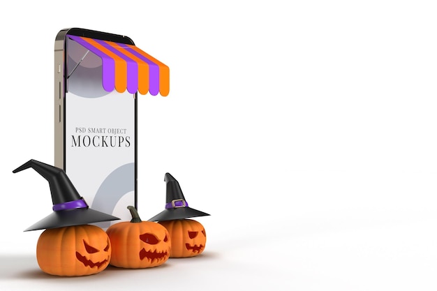 Achats En Ligne Avec Modèle De Maquette De Smartphone Et éléments De Concept D'halloween. Conçoit Le Marketing De Concept En Ligne. Rendu 3d