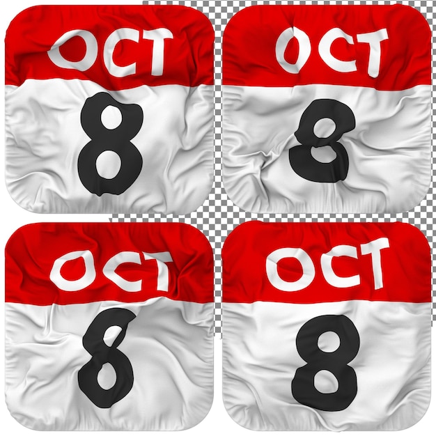 Achter 8. Oktober Datumskalendersymbol isoliert Vier winkende Bump-Textur 3D-Rendering