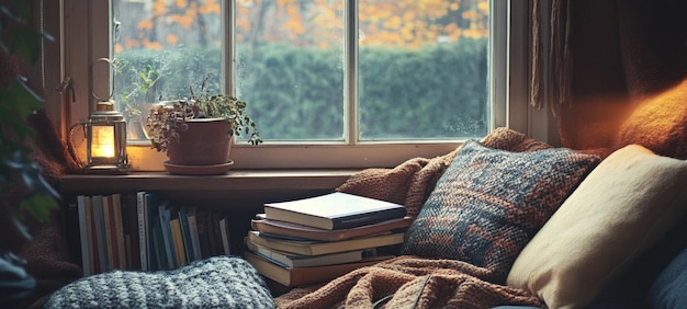 Acogedor asiento de la ventana de otoño Un refugio de libros y calor