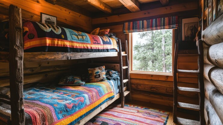 PSD acogedor dormitorio de cabaña con camas de literas y decoración colorida