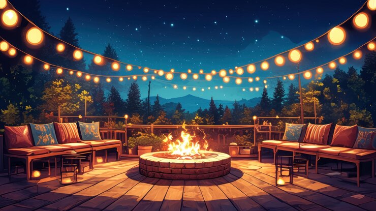 PSD un acogedor patio al aire libre con un pozo de fuego y luces de cuerda bajo un cielo estrellado de noche