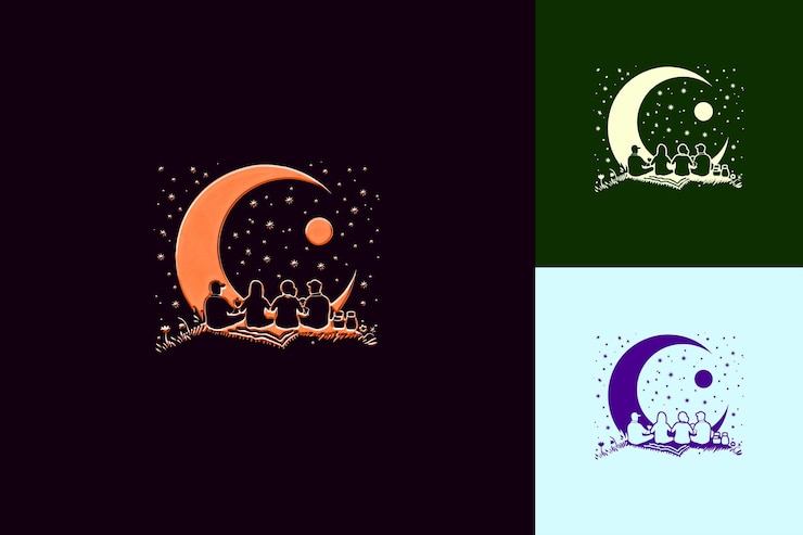 PSD acogedor picnic de observación de la luna con diseño rústico grupo de personas diseños de iconos lunares inspirados en png