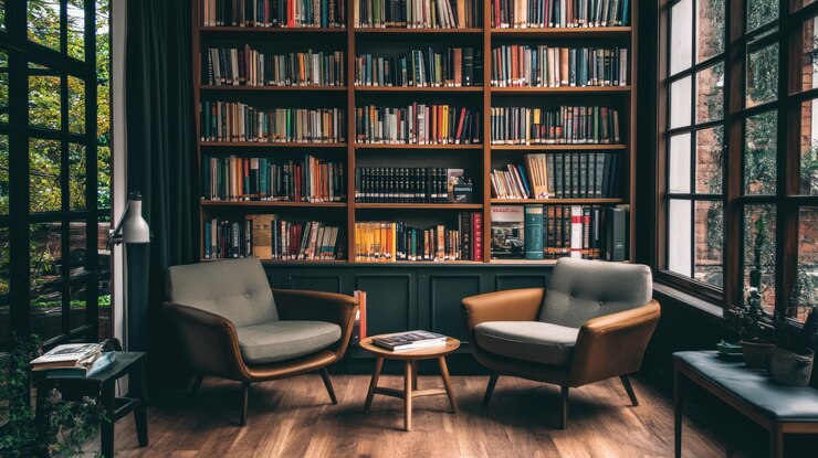 PSD acogedor rincón de lectura con dos sillones una mesa de café y una gran estantería llena de libros