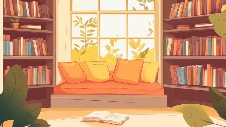 PSD acogedor rincón de lectura con estanterías, asiento en la ventana y libro abierto