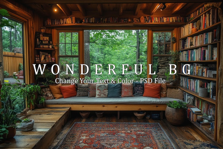 PSD un acogedor rincón de lectura con grandes ventanas con vistas a un bosque verde exuberante completo con almohadas de banco incorporadas y una alfombra