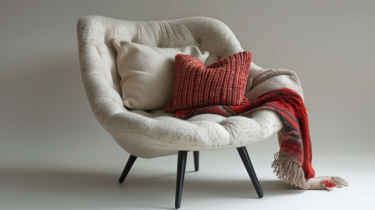 PSD un acogedor sillón blanco con una almohada roja y una manta perfecto para relajarse