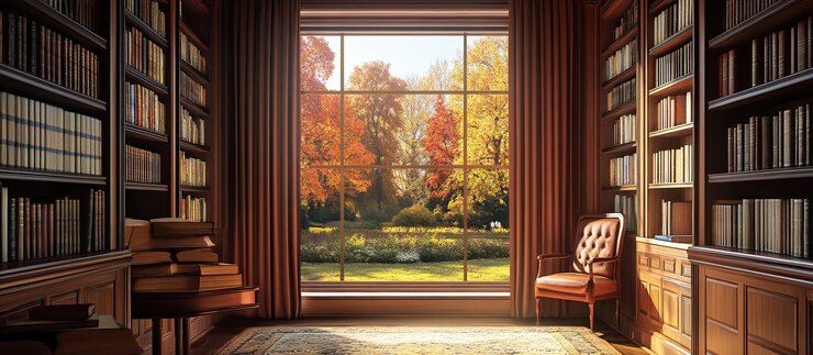 PSD una acogedora biblioteca de otoño con vistas