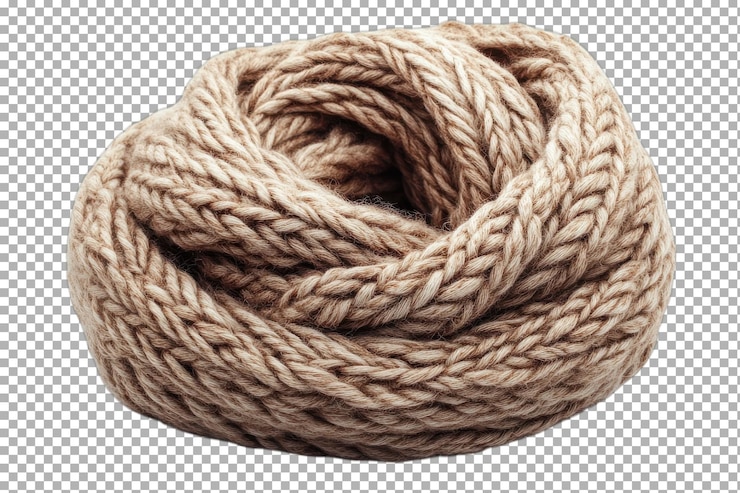 PSD acogedora bufanda de punto marrón expuesta como un elegante envoltorio circular listo para usar en invierno