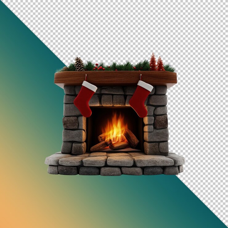 PSD acogedora chimenea navideña con medias y decoraciones festivas