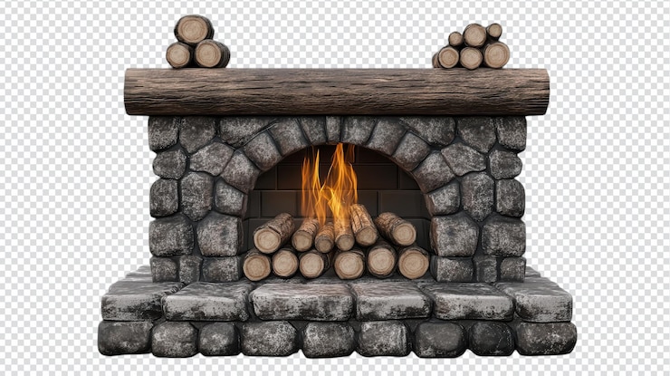 PSD acogedora chimenea de piedra con leña y troncos diseñados para el calor y la comodidad en un entorno rústico