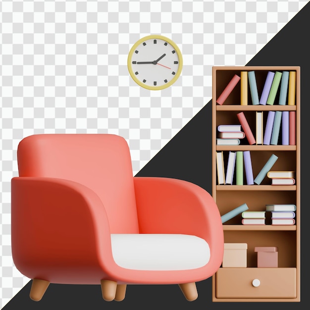 Acogedora esquina de lectura con silla, estantería y reloj