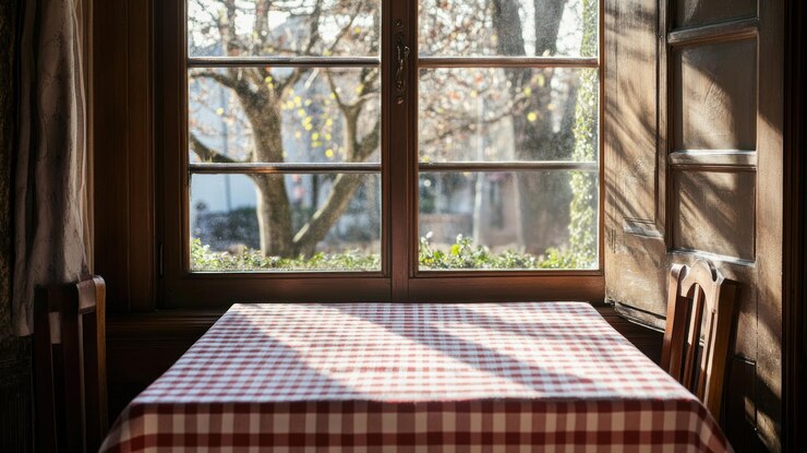 PSD acogedora mesa de comedor junto a una ventana con un mantel a cuadros