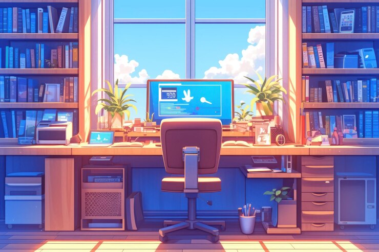 PSD una acogedora oficina en casa con estanterías de libros de computadora y una ventana con vistas a un día soleado