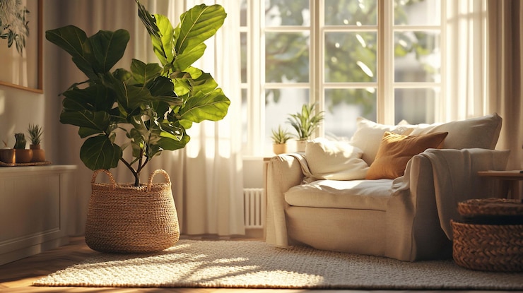 PSD acogedora sala de estar con luz solar que fluye a través de una gran ventana con una canasta de mimbre con un sillón de color crema de hoja de higo y almohadas suaves de color beige