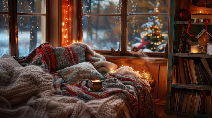 PSD acogedora sala de estar con una vista por la ventana de un bosque nevado y un árbol de navidad con luces de hadas