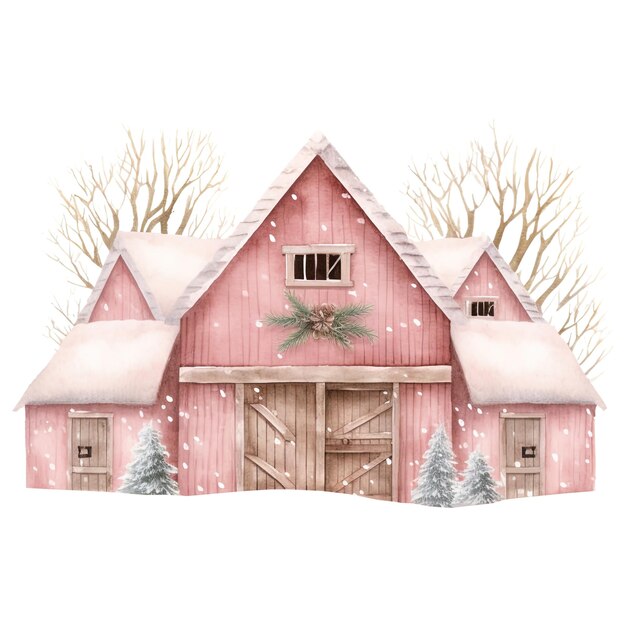 Acogedoras granjas rosadas de navidad clipart en acuarela perfecto para tarjetas de felicitación