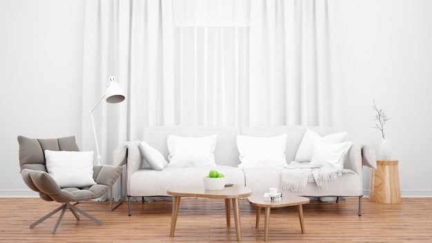 Aconchegante sala de estar com elegante sofá e poltrona e janela grande