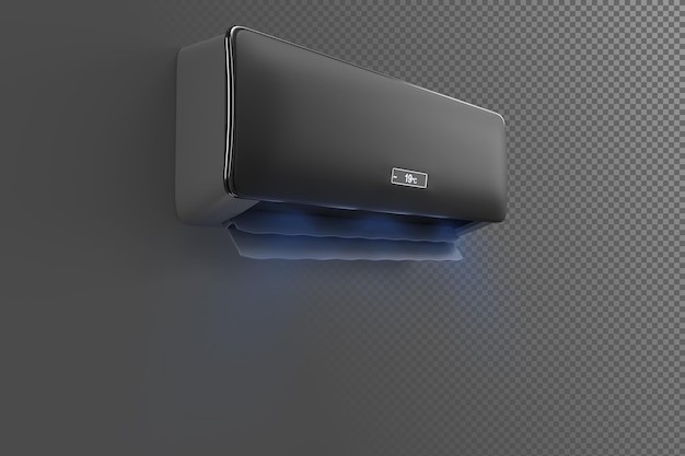 PSD acondicionador negro con flujo de onda de viento frío 3d render sistema de enfriamiento dividido con soplo de aire azul fresco y limpio para el hogar y la oficina maqueta realista de aparatos electrónicos vista lateral 3d ilustración