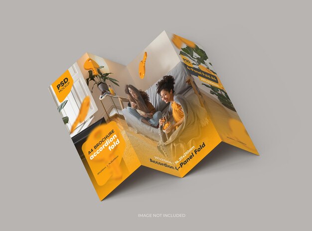 Acordeón ajustable 4 panel plegable modelo de folleto A4 para presentar su diseño renderizado en 3D