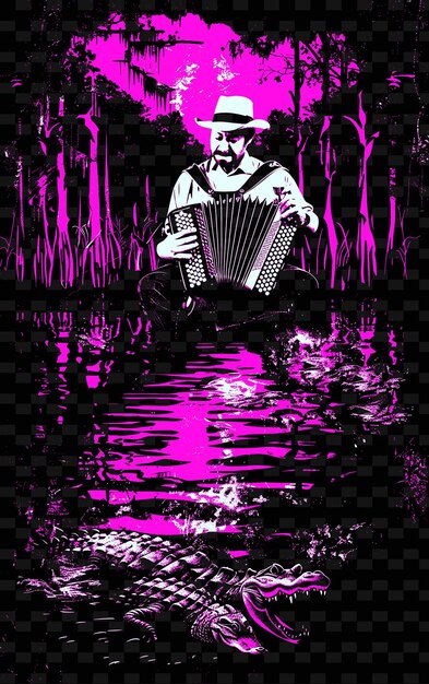 PSD acordeonista de zydeco en un bayou de luisiana con cocodrilos e ilustraciones para carteles de música