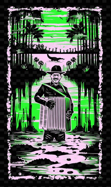 PSD acordeonista de zydeco en un bayou de luisiana con cocodrilos e ilustraciones para carteles de música