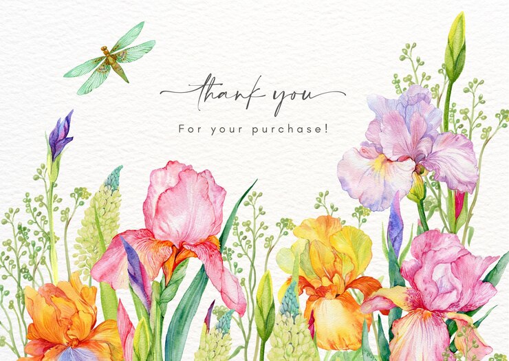 PSD acquarello giallo rosa iris flowers cartolina 1