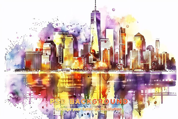 PSD acquerello con uno schizzo disegnato a mano dello skyline di new york city