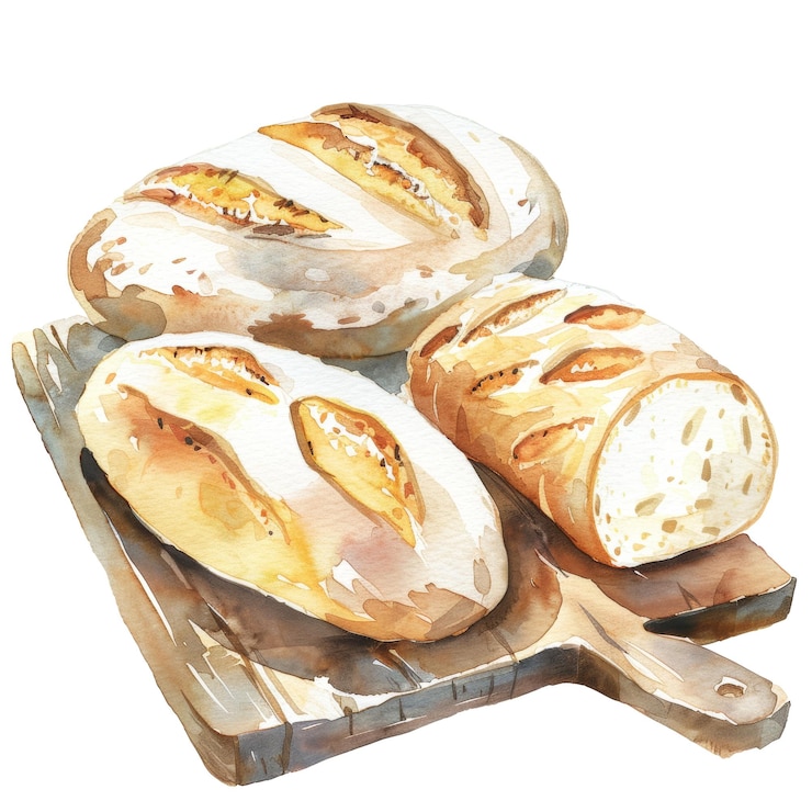 PSD acquerello di pane appena cotto su una tavola da taglio in legno rustico