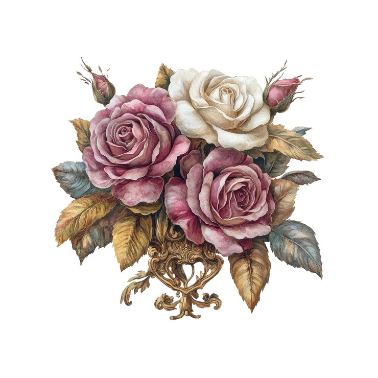 PSD acquerello di un bouquet di rose rosa e bianche in un vaso d'oro
