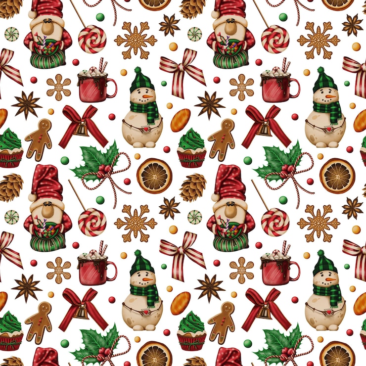 PSD acquerello natalizio modello senza cuciture in stile cartone animato candy santa pupazzo di neve holly sfondo festivo