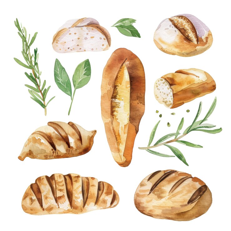 PSD acquerello pane e erbe illustrazione elementi freschi di panetteria artigianale