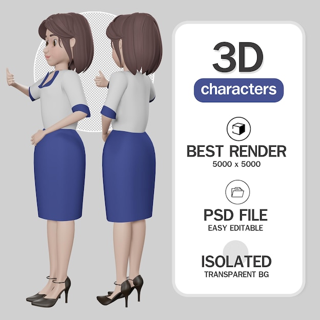 PSD action de femme d'affaires 3d de personnage de dessin animé de secrétaire