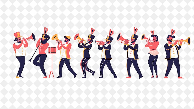 PSD actuación de la banda de marcha de primavera con personajes tocando en el festival png ilustraciones de arte plano 2d