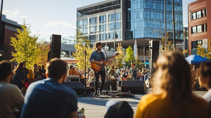 PSD actuación musical al aire libre en una plaza de la ciudad con una gran multitud de personas escuchando a un guitarrista