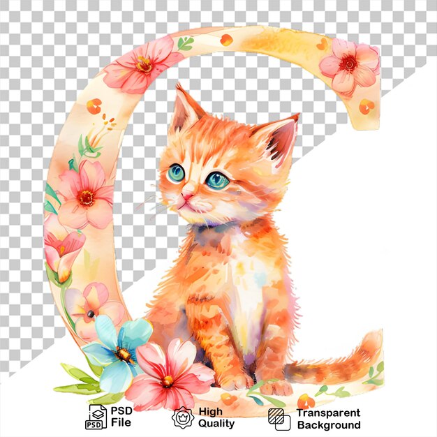 PSD acuarela alfabeto letra c gato con flores aisladas en fondo transparente incluye archivo png