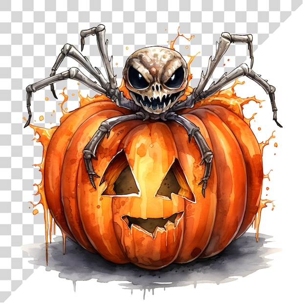 PSD acuarela con una araña de halloween con calabaza en un fondo transparente